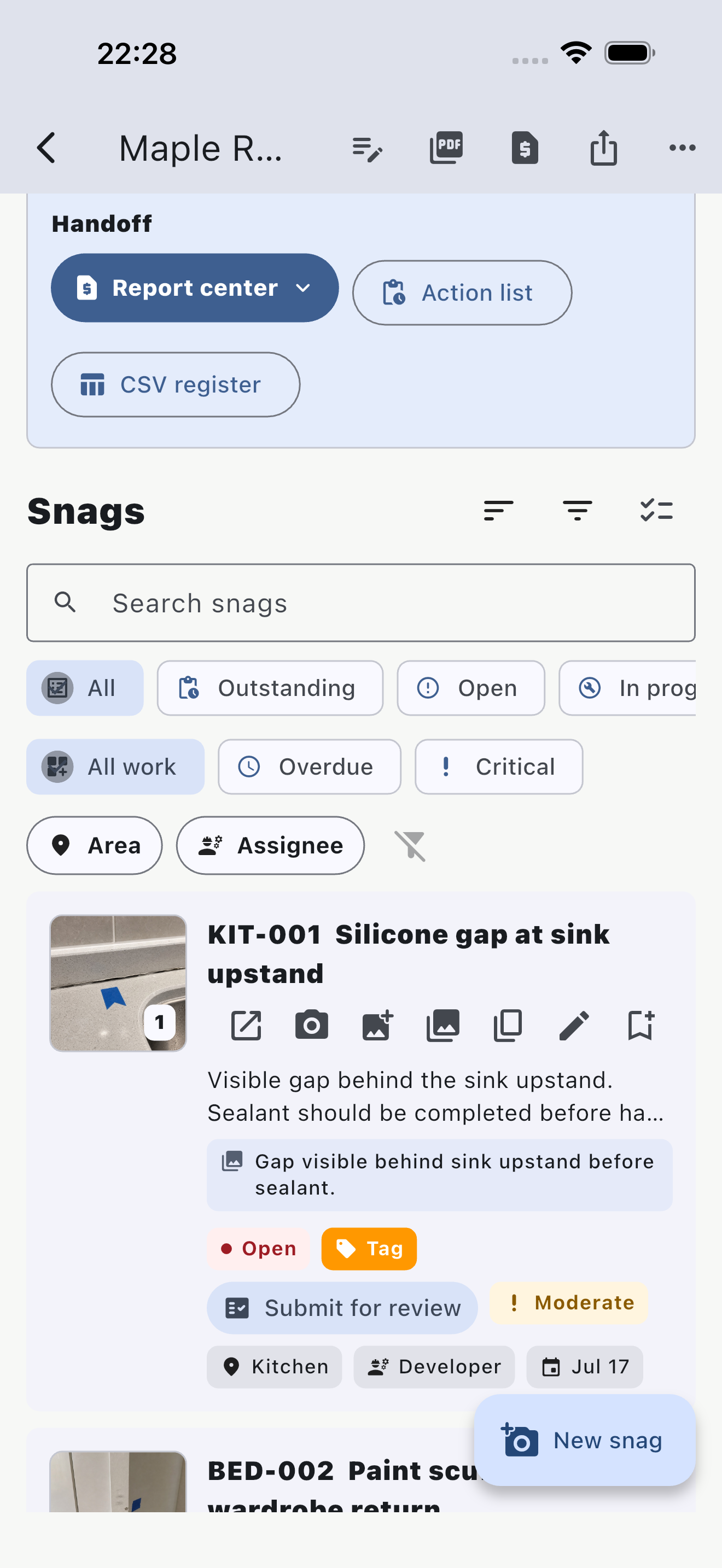 SiteReportKit mobile contractor action list export options
