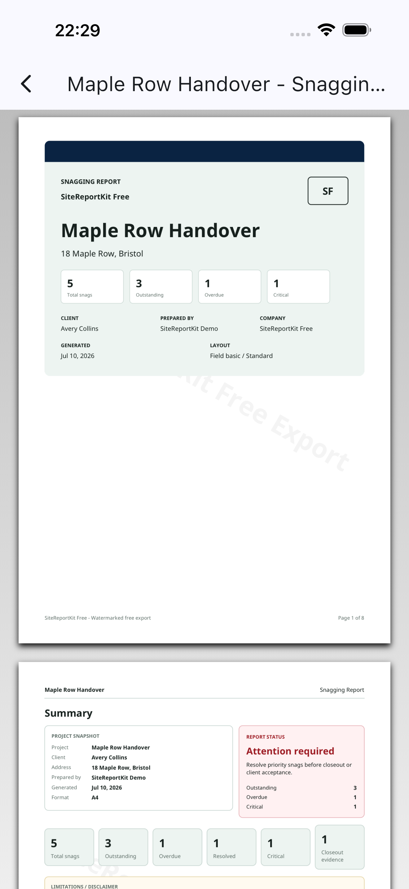SiteReportKit mobile PDF report preview and export workflow