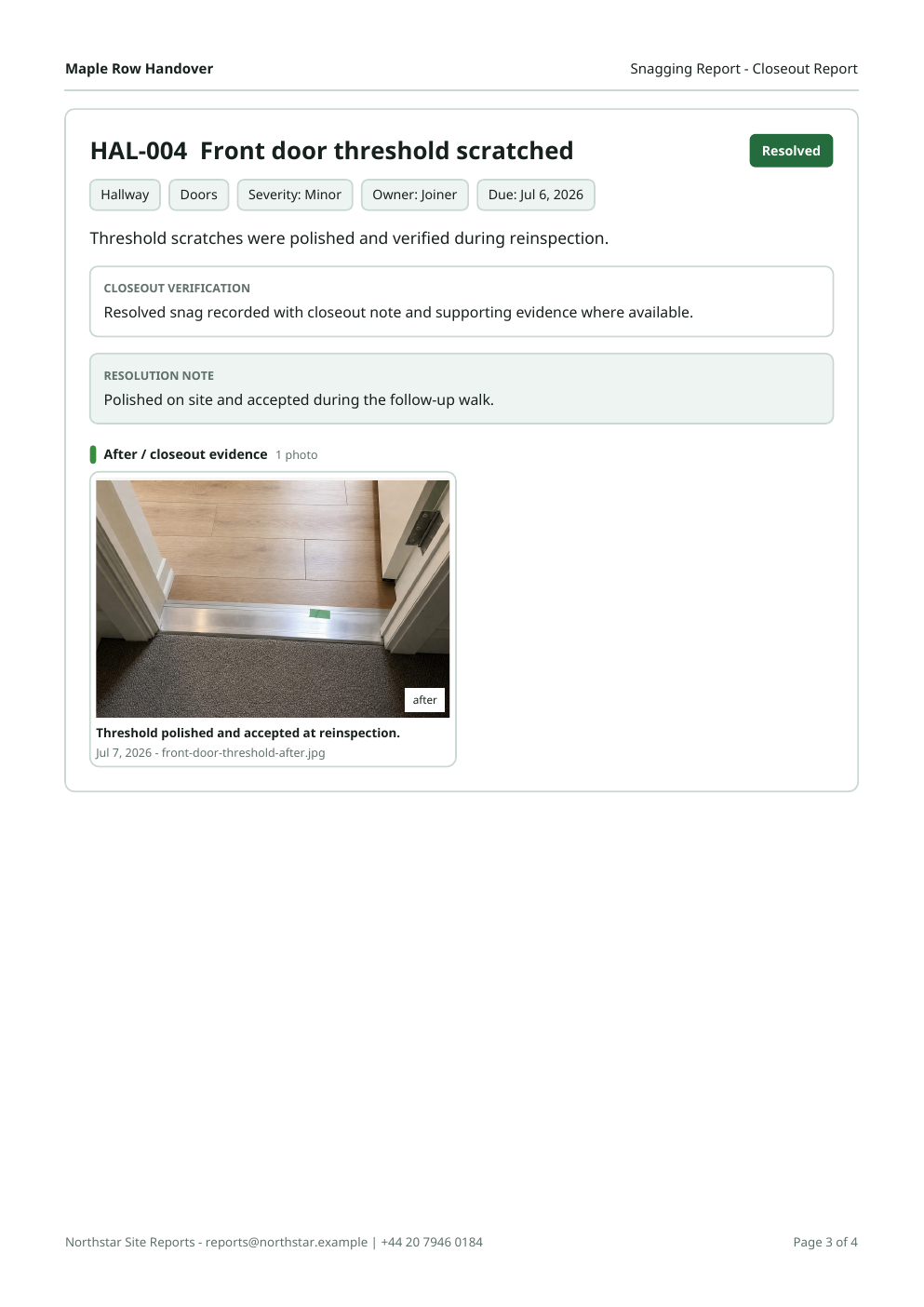Closeout report page with resolved item evidence and sign-off ready formatting