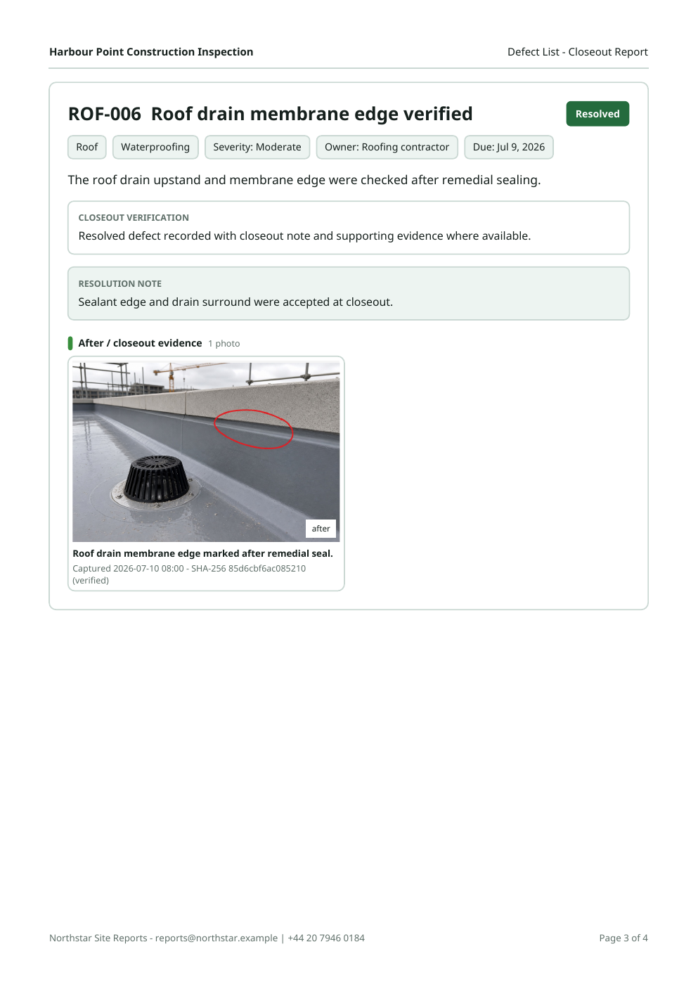 Example SiteReportKit report output relevant to closeout guide