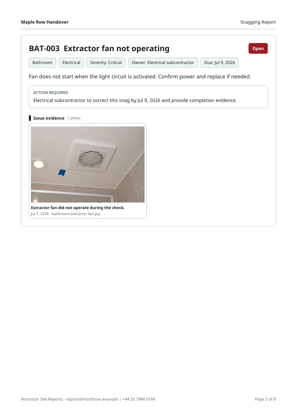 Closeout evidence page showing after photo, resolution note, and rejected change request